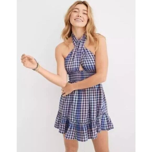 Aerie | Spring Fling Criss-Cross Halter Open-Back Flouncy Smocked Dress - Picture 1 of 7